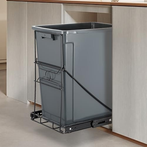 SOCONT Pull Out Trash Can, Stainless Steel Kitchen Adjustable Trash Slide Out Shelf, Cabinet Trash Can Pull Out Kit, Fit 7-11 Gallon Bin(Black, No Bin Included)