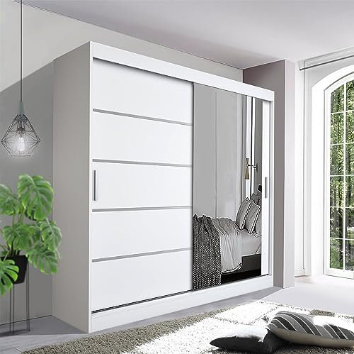 German Sliding Wardrobe Spacious Bedroom Sliding Wardrobe - Sleek and Functional Design comes in White/Grey/Black/Oak and Width 120cm/150cm/180cm/203cm/250cm (White, 203cm)