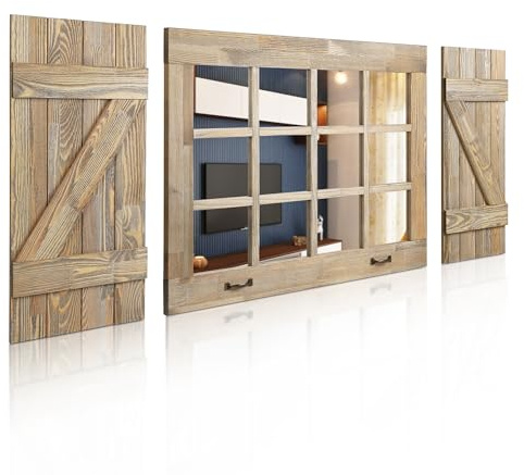 Besuerte Large Decorative Window Pane Mirror, Heavy Duty Farmhouse Mirrors for Wall Decor with 12 Pane Real Glass Mirrors & Two Z-Style Rustic Shutters for Living Room, Dining Room, Rustic Brown