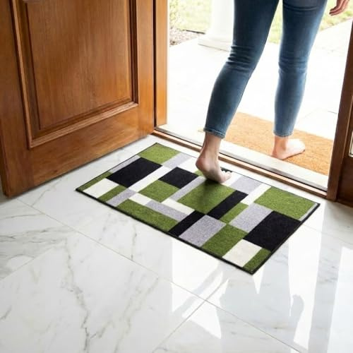 Fit Even Kilas Door Mat - Non-Slip Washable Doormat, Suitable for Indoor/Outdoor Use, Heavy Duty Dirt Trapper and Water Absorbent (Green Black, 50 x 80 cm)