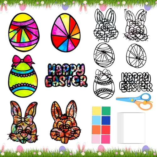 Shinybox Ostern Basteln Kinder, 12 Stück Bastelset Ostern Fenster, DIY Ostern Bastelset Deko, Osterndeko zum Basteln, Bastelvorlagen Fensterbilder für Jungen Mädchen Fenster und Raumdekoration