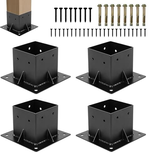SupLetsico 4x4 Post Base 4Pcs Wood Fence Post Bracket, Heavy Duty Steel Post Anchor Fit 4x4 (Inner Size 3.6x3.6) for Deck Railing Pergola Brackets Fence Mailbox