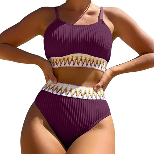 KBOPLEMQ Bikini da donna, set push up, costume da bagno sportivo, sexy, set da due pezzi, costume da bagno imbottito e top bikini a vita alta, costume da bagno a coste, O Taz-lilla, L
