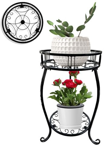 MEEYUU Support à 2 étages de 45 cm de haut pour plantes d'intérieur et d'extérieur en métal robuste antirouille plusieurs supports ronds pour pots de fleurs, jardin, balcon, terrasse (noir)