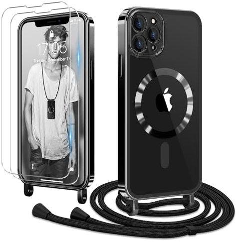 Ethanger Handyband für iPhone 11 Pro Hülle mit Band + 2 Stück Glas Schutzfolie Transparent Silikon Handyhülle Magnetische Schutzhülle Case zum Kordel Abnehmbar für iPhone 11 Pro Schwarz