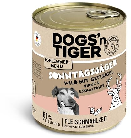 Dogs'n Tiger Sonntagsjäger Nassfutter Hund, Wild & Geflügel, 6X 800g | Hundefutter nass, mit Birne & Esskastanie, hoher Fleischanteil, getreidefrei, ohne Zuckerzusatz, ohne Konservierungsstoffe