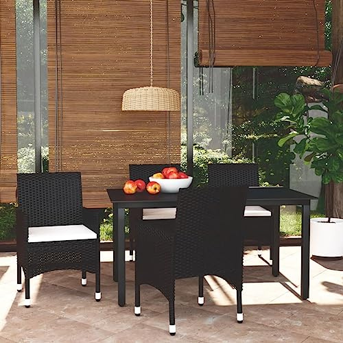 KTHLBRH Outdoor Lounge Garten möbel draußen Balkon Tisch und stühle 5-TLG. Garten-Essgruppe mit Kissen Poly Rattan Schwarz