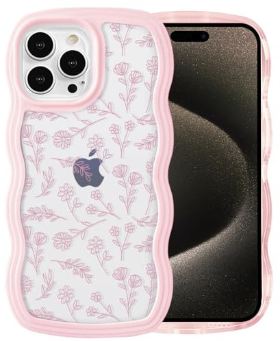 QLTYPRI Case for iPhone 13 Pro Max, Cute Curly Wave Frame Clear Case for Girls Women, Flower Clear TPU Bumper Slim Soft Silicone Shockproof Protective Phone Cover for iPhone 13 Pro Max - Pink Floral
