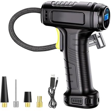 Alivio Digital Tyre Inflator 12V, Portable Car Tyre Inflator with 3 Nozzles & Adaptor, 150 PSI Air Pump for Bikes, Football, Accessories with LED Light (Gun Shape)