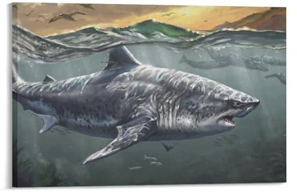 Megalodon-Poster, Motiv: Tiere, Hai, Wale, Leinwand, Wandkunst, Schlafzimmer-Poster, Wohnzimmer-Dekor, Poster für Zimmer, ästhetisch, Sport, Büro, Schlafsaal, Dekoration, Geschenke, Ölgemälde,
