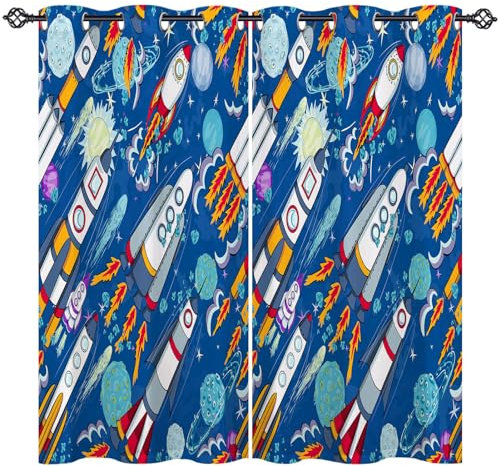 ANHOPE Weltraum Rakete Planeten Vorhänge mit Ösen Blickdichte Gardinen Blackout Curtain Thermo Vorhang Kinder Jungen Mädchen Schlafzimmer Wohnzimmer Verdunklungsvorhänge 2er Set H 160 x B 132 cm