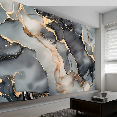 3D Wall Mural Marble Ink Gold Pattern Print Photo Wallpaper, Gray Non-Woven Wall Mural Decoration Poster Picture Design Modern 300 x 210 cm (W x H) Mural for Living Room Kids Bedroom