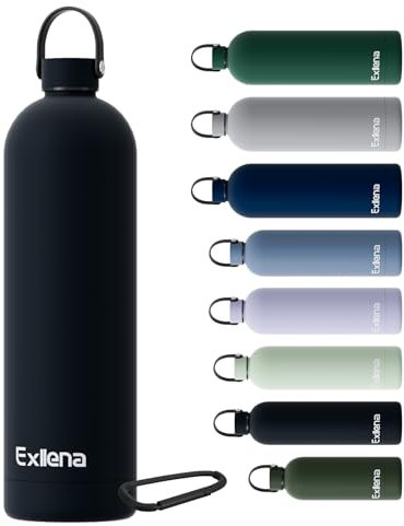 Exllena Gourde Isotherme 1.5l avec Poignée Pratique - Bouteille Isotherme avec 24 Heures de Conservation au 24h Froid/12h Chaud, Revêtement Anti-Dérapant - Étanche Sans BPA (Noire)
