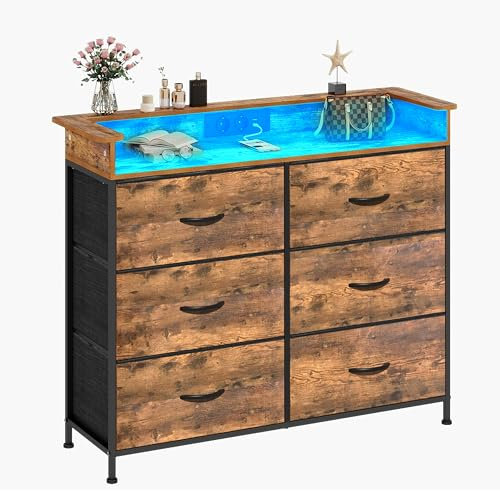VEDECASA Kommode mit 6 Schubladen und LED-Beleuchtung, 2 USB-Ports & 2 AC-Steckdosen, Sideboard mit Holzplatte und Stoffschubladen, Metallrahmen für Schlafzimmer, Wohnzimmer und Flur, Braun