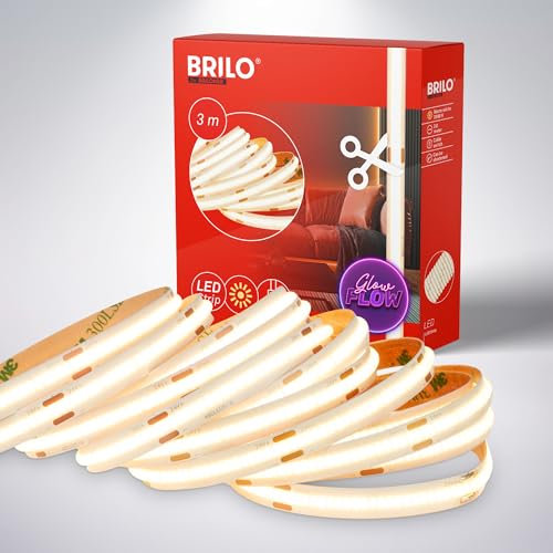 BRILONER - COB LED Strip 3m Warmweiß, Selbstklebend, Kürzbar, hohe Dichte, LED Streifen, Leiste, Zimmer Deko, Gaming, Band, Party Deko, Lichtleiste, Lichtband, Weiß
