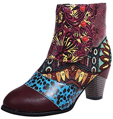 Generisch Women's Boots Autumn Winter Retro Classic Boho Short Boots Embroidered Colourful Print Flowers Ankle Boots Block Heel Slip Boots Short Boots Leather Boots with Side Zip, purple, 4.5 UK
