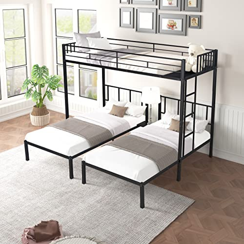 Robustes Etagenbett aus Metall für 3 Personen, Bett mit Sicherheitsgeländer, kann in 3 Einzelbetten getrennt werden, keine Boxspringbetten erforderlich, 233 cm L x 198 cm B x 183 cm H, Weiß (Black