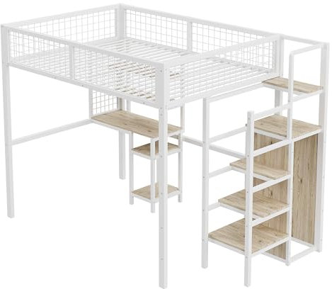 BXEYXE Cama alta de 140 x 200 cm con escalera de seguridad, cuna con marco de hierro, armario y escritorio para ordenador, color blanco