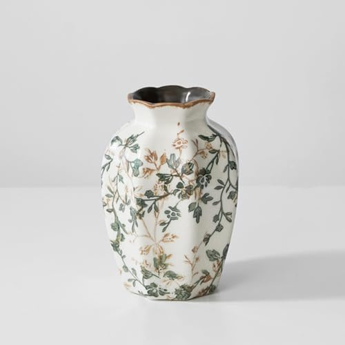XIUWOUG Grüne Chinoiserie Blumenvase, Keramik Vintage Vasen Retro EIS geknackte Keramikvasen für Wohnkultur, Wohnzimmer, Büro, Chinoiserie Dekor,F1