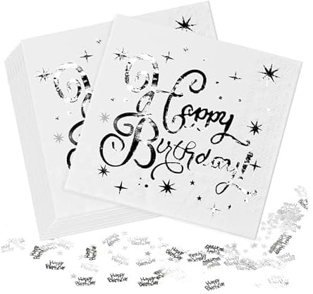 50 Stück Servietten Geburtstag, Servietten Weiß Silber, 33x33cm Happy Birthday Servietten, Geburtstagsservietten Tisch Deko für Junge Mädchen Geburtstag Party Deko
