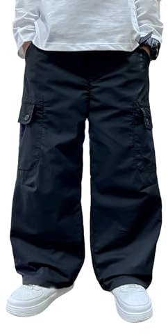 Pantalon Cargo Ado Garcon 8-15 Ans Pantalon Jambe Large Garçon Taille Elastique Large Pas Cher Chic Confortable Casual Sport Vacances Mignon Dessin Animé Fashion Streetwear (Black, 13-14Years)