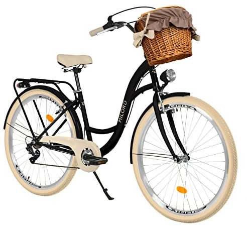 MILORD Damenfahrrad Citybike Komfort Mit Weidenkorb Hollandrad Vintage Fahrrad, 26, 28 Zoll, 7-Gang (Schwarz-Creme, 26 Zoll)