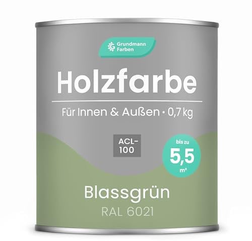 Grundmann Holzfarbe ACL 100 - Holzlack 0,7 Kg Pastellgrün Mintgrün - 4in1 inkl. Grundierung - Seidenmatt - Wetterfest für Innen & Außen - RAL 6021 Blassgrün/Salbeigrün