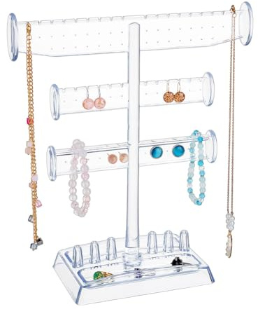 UNICRAFTALE Portagioie a 3 piani, trasparente, organizzatore per gioielli, orecchini, collane, braccialetti, orologi e porta anelli, supporto in plastica, per le donne