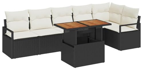 vidaXL 7-teiliges Gartensofa-Set mit Kissen aus schwarzem Poly-Rattan und Akazienholz. Wetterfestes, modulares Outdoor-Möbel für Terrasse und Patio. Ausziehbare Couch für den Außenbereich.