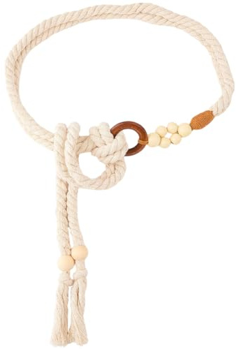 BEAMARKER Cintura Da Donna con Nappa Intrecciata, 54.1 pollice, Bianca, Cintura Sottile Annodata In Stile Boho, Catena In Corda di Cotone Cerato con Anello di Perline di Legno, Accessori Dec