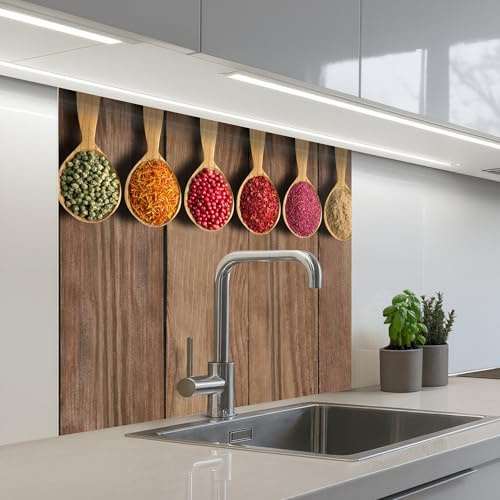 KitchenYeah© Spritzschutz Küchenrückwand Selbstklebend Küche Rückwand | 80x80 cm - Küchenwand Wand Küchenfront Verkleidung Küchenspritzschutz Löffel - Kräuter - Holz