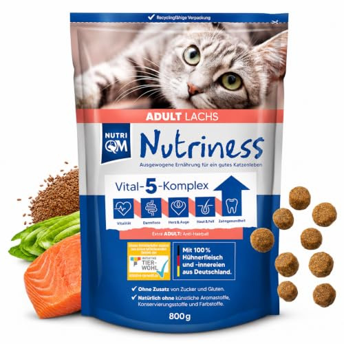 NutriQM® Katzenfutter Trocken Lachs [800 g] – Ohne Gluten & Zucker – Unterstützt Haut & Fell – Knuspriges Trockenfutter für ausgewachsene Katzen – Initiative Tierwohl Zertifiziert – Made in Germany