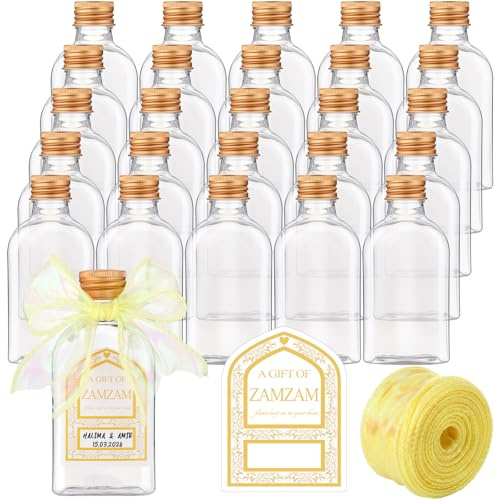 Ferrochef 25 Sets Zamzam WaterBottle Islamic Favor, 120 ml, Classic, Gold | Plastic Bottles with Custom Cards Ribbon for Nikkah Walima Guests, Muslim Marriage Ceremony Gift, Religious Celebration Favor