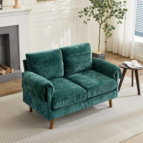 2-Sitzer Chenille Loveseat Sofa, Mid-Century Design | kompakte kleine Couch in Grün, weicher Plüschstoff mit überfüllten Kissen, Holzoptik-Beine