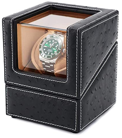 DRIKLUX Automatic Single Watch Winder for Rolex and Other Luxury Watches - Automatic Winder with Quiet Motor, Premium Black Ostrich Leather Exterior and Soft Flexible Watch Pillows of Camel Velvet