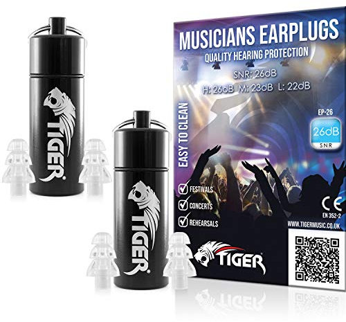 TIGER Musiker Ohrstöpsel Gehörschutz Lärmunterdrückung Ohrstöpsel Festivals, Konzerte, Musik, Clubs Ohrstöpsel mit Tragetasche Standard SNR 26 dB - Pack of 2 farblos