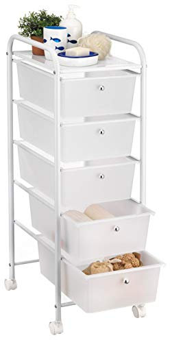 IDIMEX Caisson sur roulettes GINA Chariot avec 5 tiroirs en Plastique Blanc Transparent et 1 étagère, Meuble de Rangement pour Salle de Bain en métal laqué Blanc