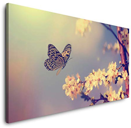 Schmetterlinge auf Ast 120x 60cm Panorama Leinwand Bild XXL Format Wandbilder Wohnzimmer Wohnung Deko Kunstdrucke