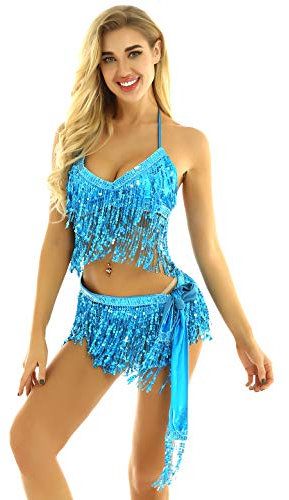 FEESHOW Frauen Bauchtanz Kostüm Pailletten Neckholder BH Fransen Tuch Wickelrock/Shorts Set Tanzanzug Stangentanz Nachtclub Outfits Eisblau One Size