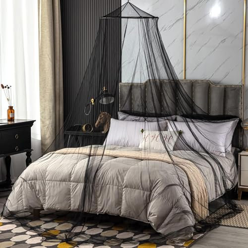 Moustiquaire en maille pour lit - Dôme rond - Pour chambre à coucher, jardin, camping - Rideaux suspendus - Pour bébé/lit simple/king size - Noir