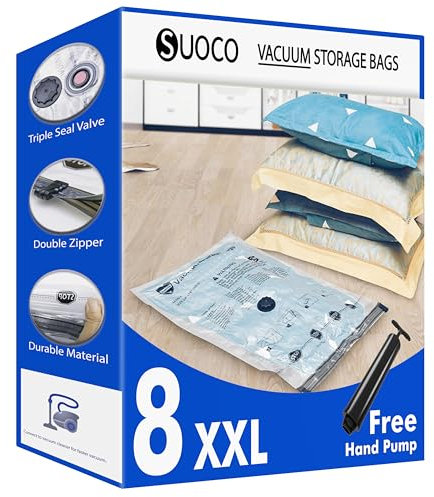 SUOCO Vakuumbeutel für Kleidung – 8er Set XXL(120×90 cm) (mit Handpumpe), Vakuum Beutel für Aufbewahrung von Kleidung und Bettdecken, ideal für Reisen und platzsparende Lagerung