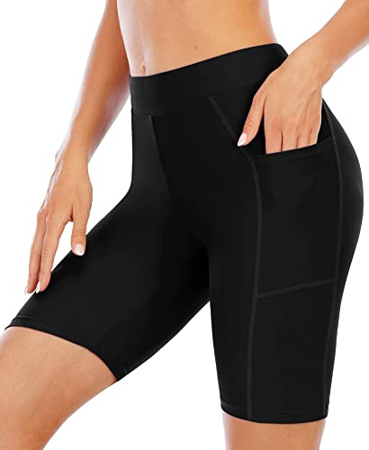 CharmLeaks High Waisted Swimsuit Short for Women Solid Swim Bottoms with Side Pocket Black M