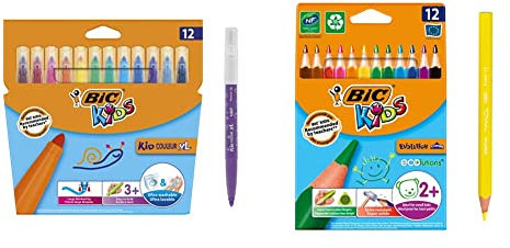 BIC Kids Filzstifte Kid Couleur XL, Fasermaler zum Malen in 12 auswaschbaren Farben, mit dicker Spitze, im Karton Etui, ab 3 Jahre & Buntstifte ECOlutions Evolution, ab 2 Jahre, Bunte