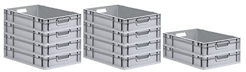 PROREGAL SparSet 10x Eurobox NextGen Grip | HxBxT 12x40x60cm | 23 Liter | Griffe offen | Grau | Eurobehälter, Transportbox, Transportbehälter, Stapelbehälter
