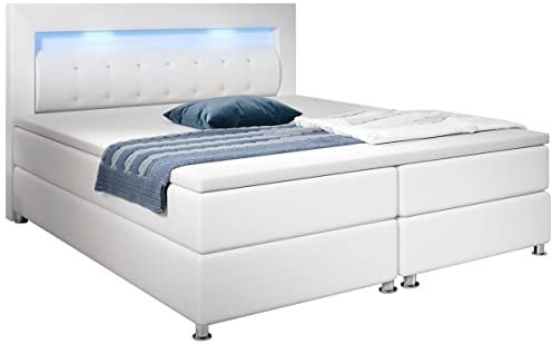 Supply24 since 2004 Designer Boxspring Bett Mailand mit Strasssteine LED Beleuchtung Federkern Matratze inklusive Topper Luxus Leder Polsterbett Lederbett Boxspringbett (140 x 200 cm, Weiss)