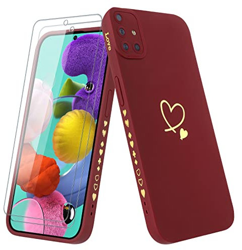 Vauki Coque pour Samsung Galaxy A51 avec 2 Pièces Verre Trempé, Etui Fille avec Or Motif Coeur Souple TPU Silicone Antichoc Anti-Rayures Housse Compatible avec Samsung A51, Bordeaux