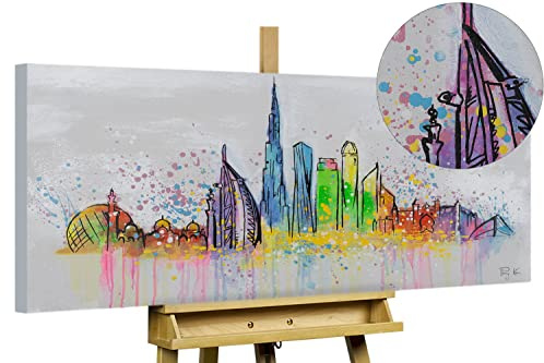 KunstLoft Leinwandbild | 100% HANDGEMALT | 120x60cm | Gemälde 'Dubai Skyline Silhouette' | Skyline | Bunt Grau | Wandbild Wohnzimmer