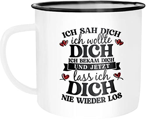 Moonworks® Emaille-Tasse Spruch Liebe Ich sah dich und jetzt lass ich dich nie wieder los Geschenkidee Partner Verliebte emaille-weiß-schwarz standard