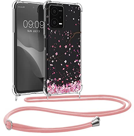 kwmobile Necklace Case kompatibel mit Xiaomi Redmi Note 12 5G / Poco X5 5G Hülle - Silikon Cover mit Handykette - Rosa Dunkelbraun Transparent Kirschblütenblätter