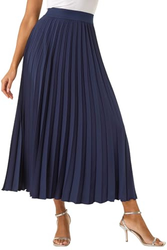 Roman Originals Pleated Skirt for Women UK Ladies Maxi Midi Crinkle Summer Smart Casual Evening Special Occasion Elasticated Waistband Party Holiday Long Crepe - Plain Navy - Size 10
